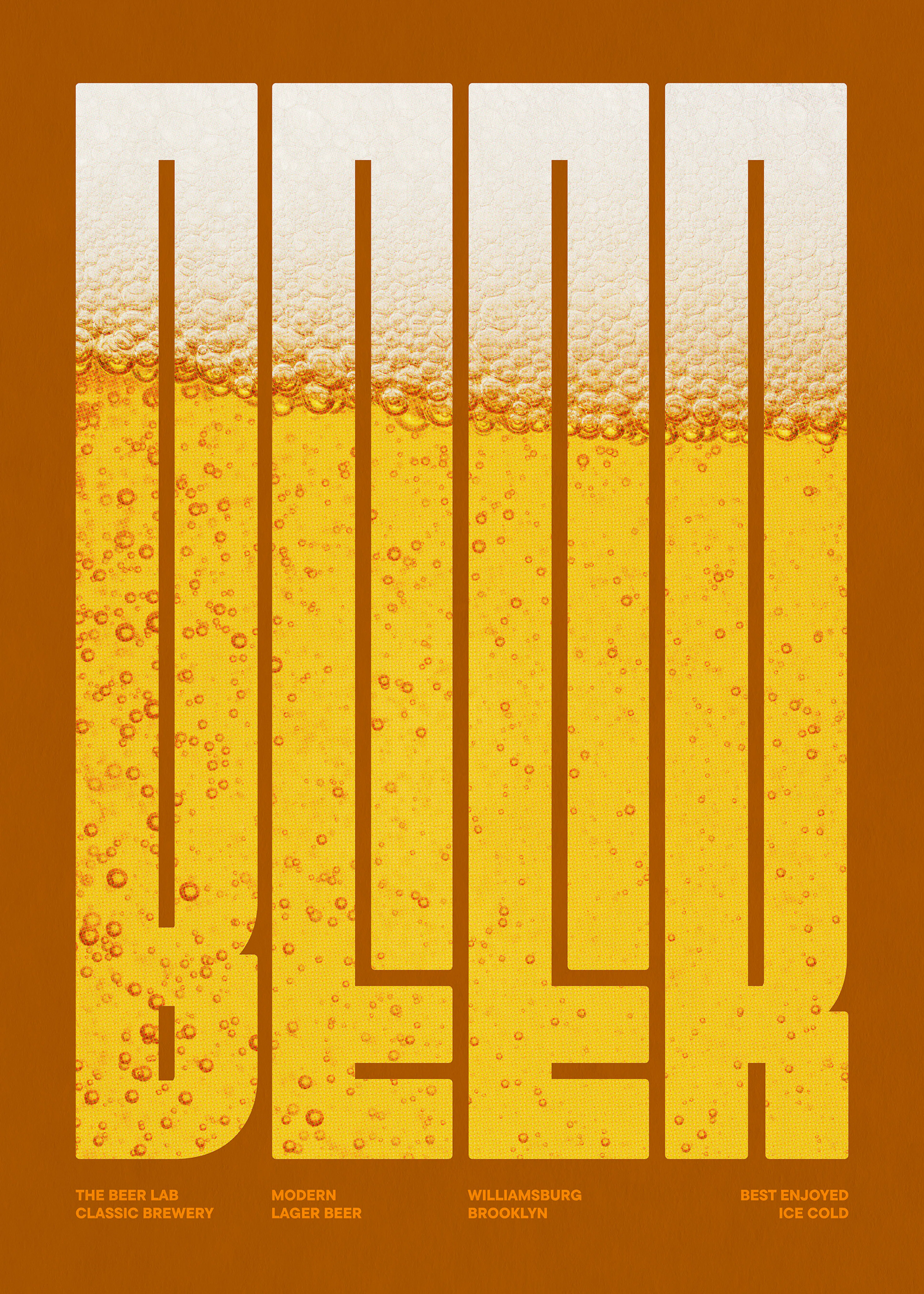 맥주 거품 질감의 황금색 BEER 글자 포스터. 브루클린 맥주 양조장 타이포그래피 디자인.