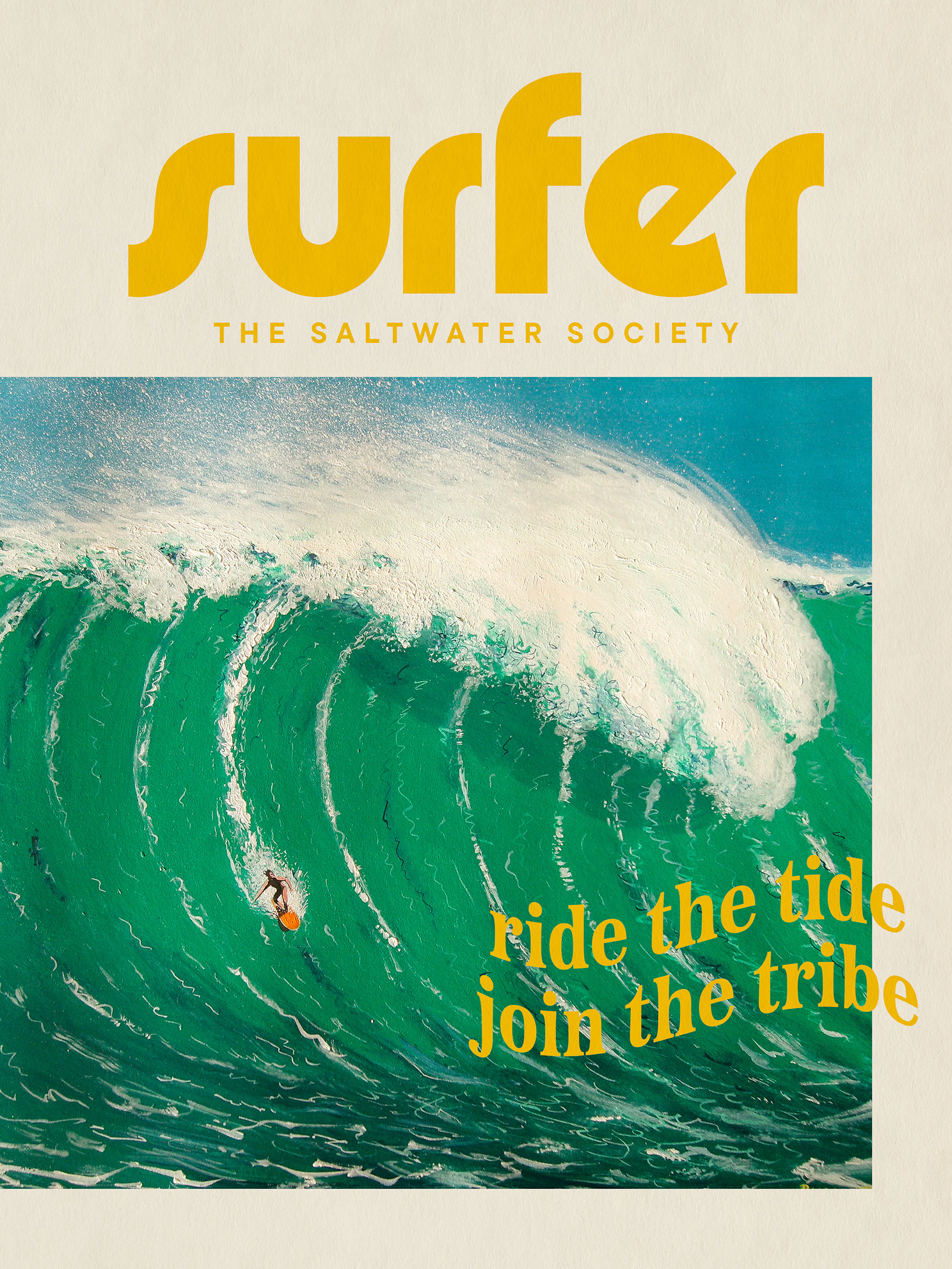 Un poster che mostra un surfista che cavalca unenorme onda verde con schiuma bianca, sotto il titolo Surfer.