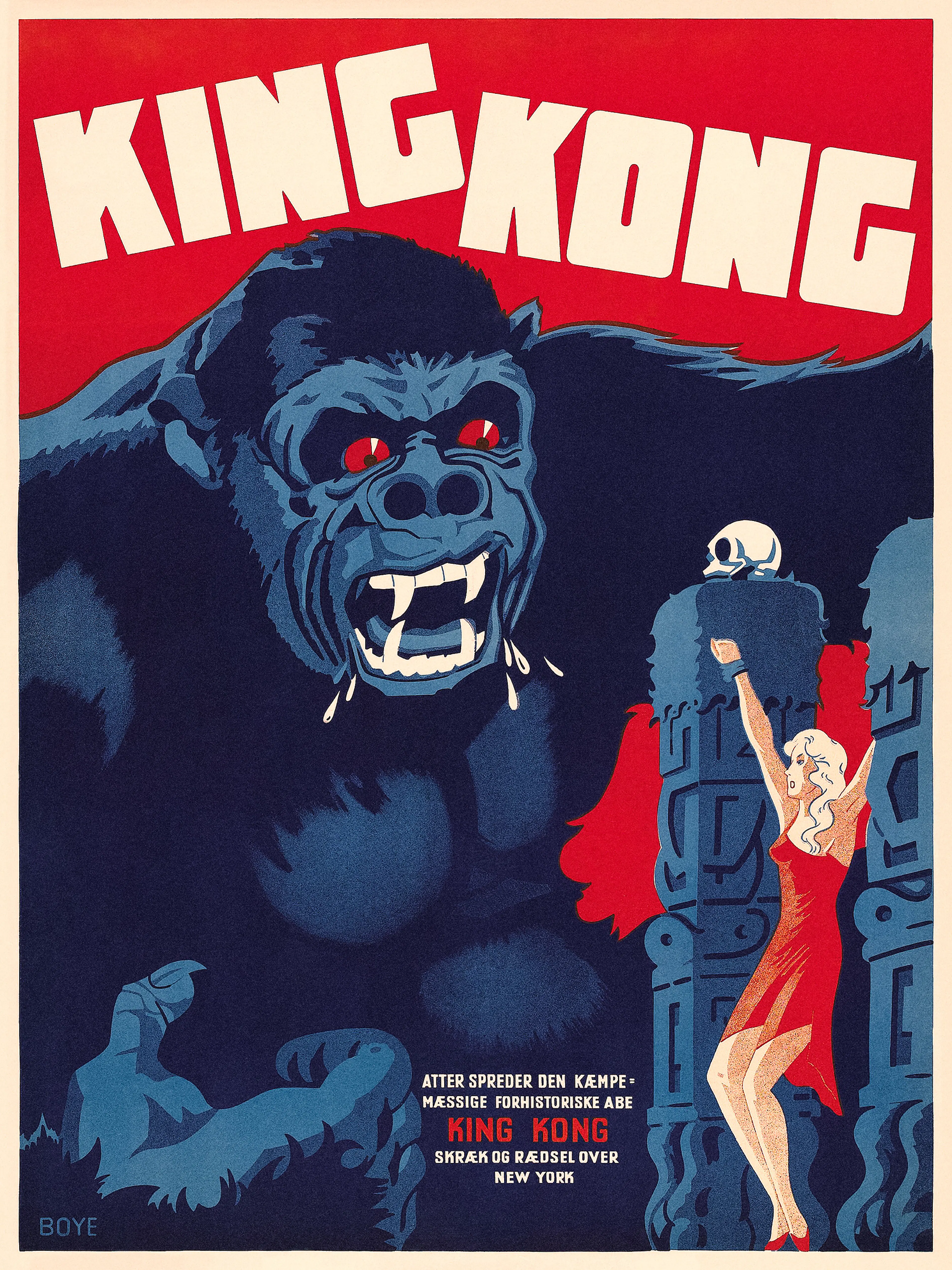 A vintage King Kong movie poster featuring the giant ape with red eyes and fangs, a woman in a red dress, and a skull on a red b