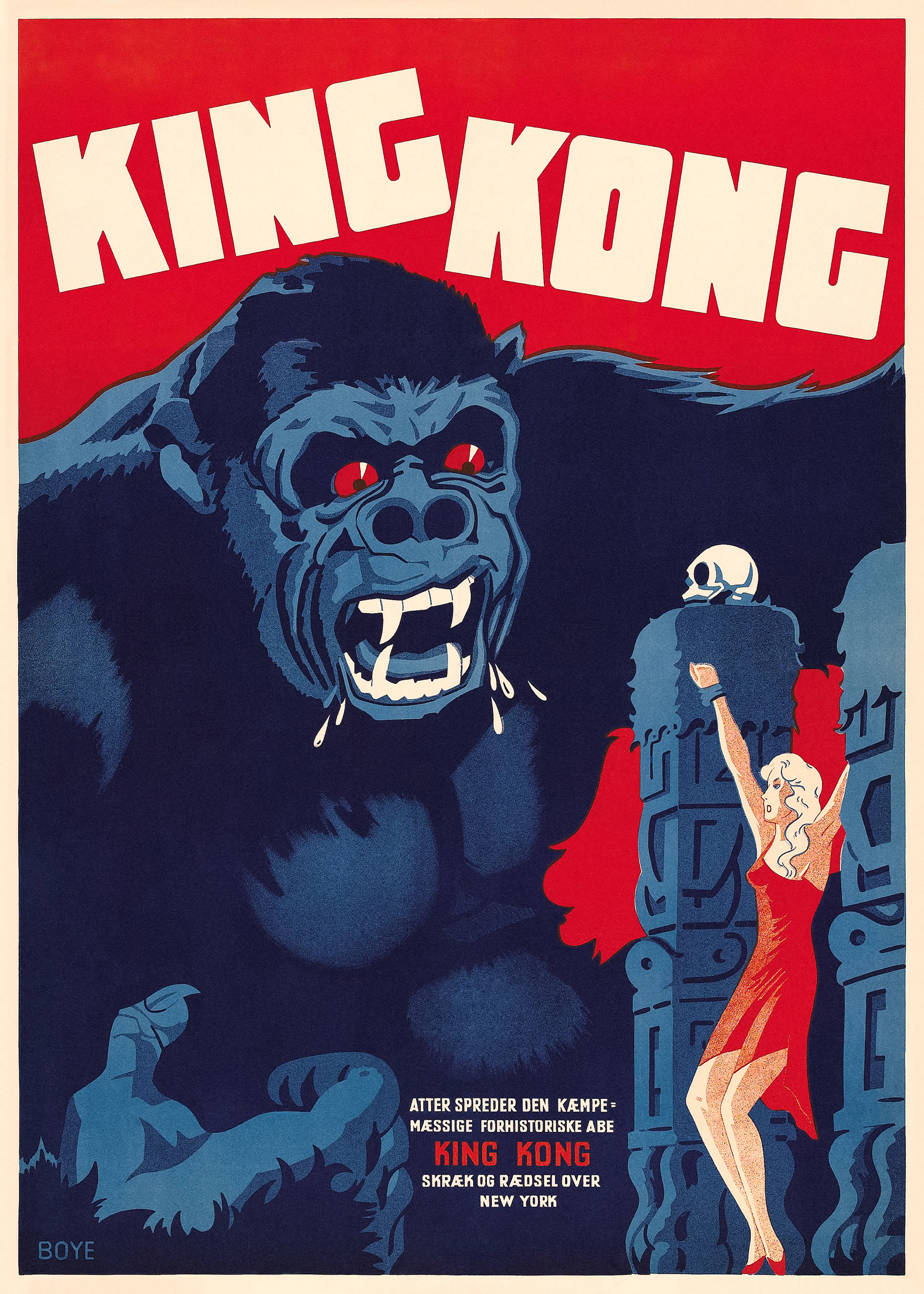 King Kong -juliste, jossa sininen jättiläisgorilla ja punasilmäinen hirviö karjuu. Nainen punaisessa mekossa on sidottu vasemmal