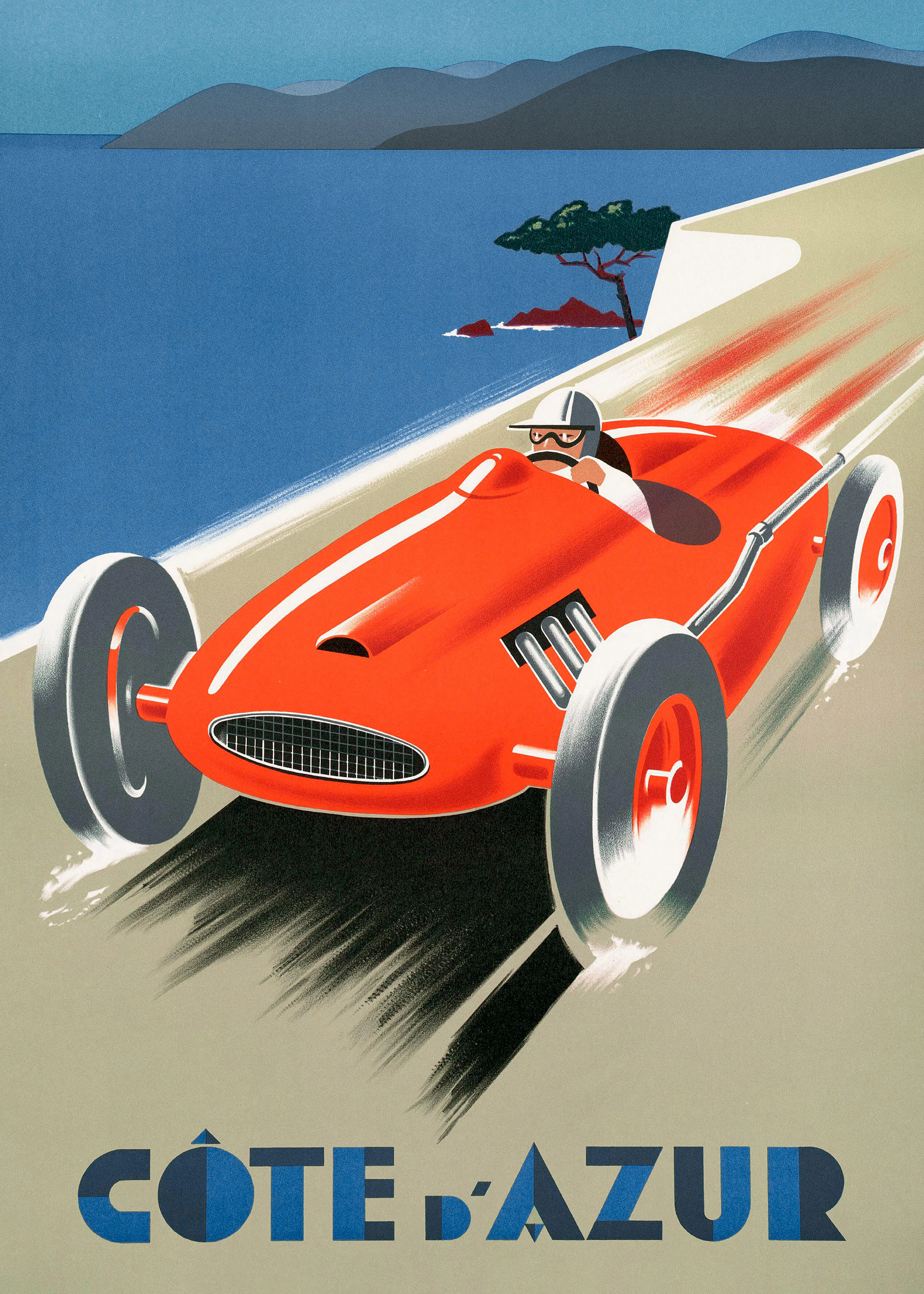Poster eines roten Rennwagens mit Fahrer, der eine Küstenstraße entlangrast, mit Meer und Bergen.