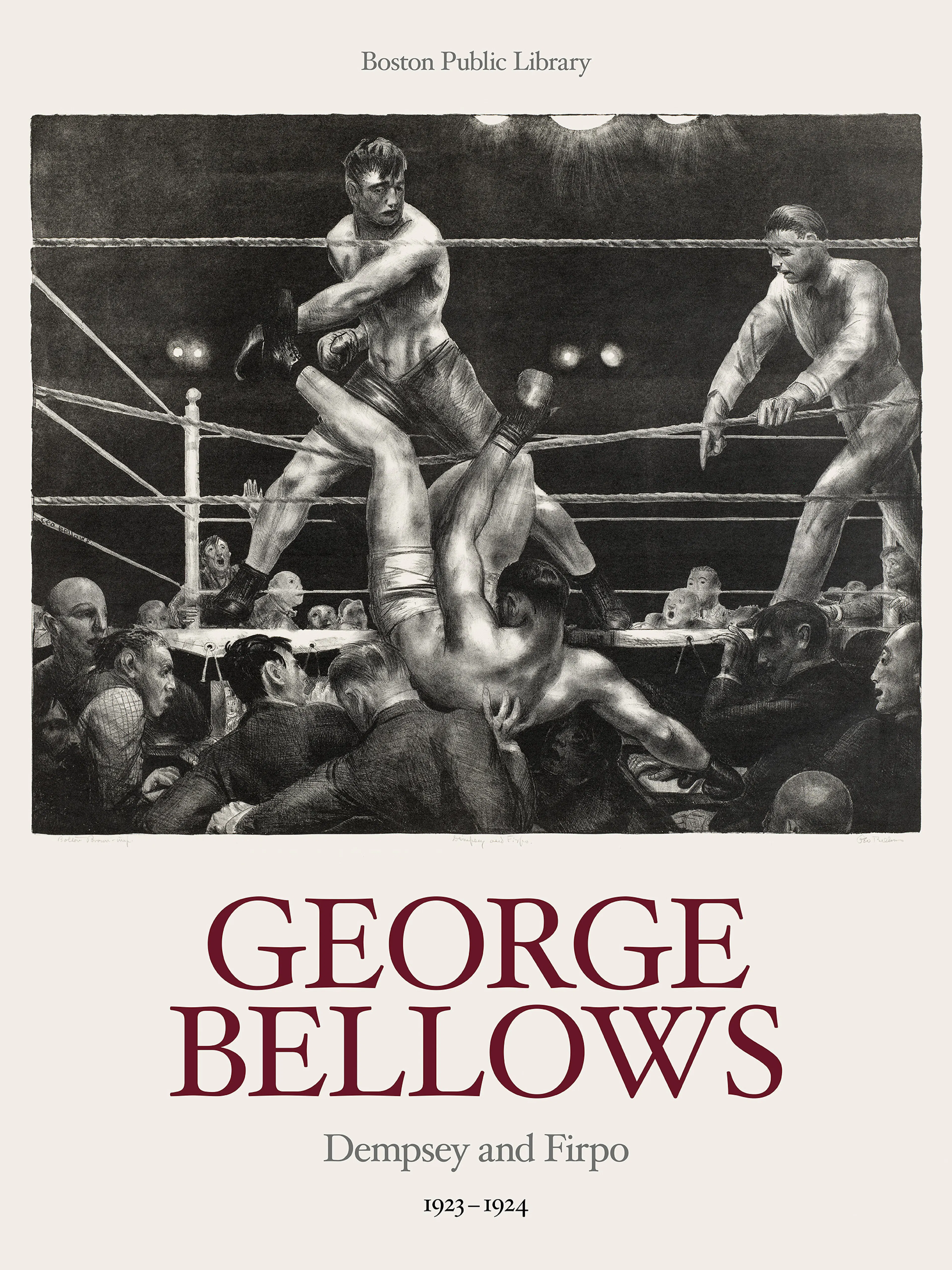 Poster con Dempsey e Firpo, pugili, in un ring, in bianco e nero.
