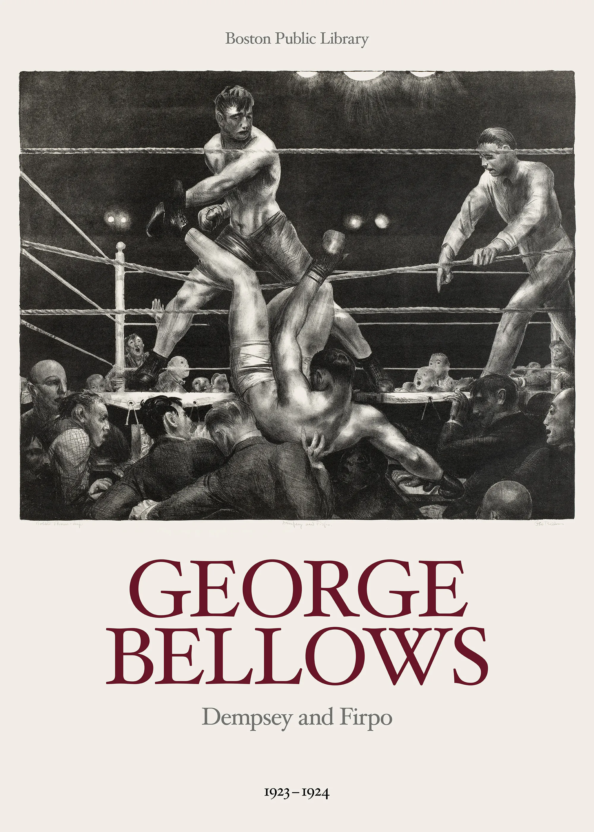 George Bellowsin Dempsey and Firpo -juliste, jossa nyrkkeilijä kaatuu kehässä yleisön edessä.