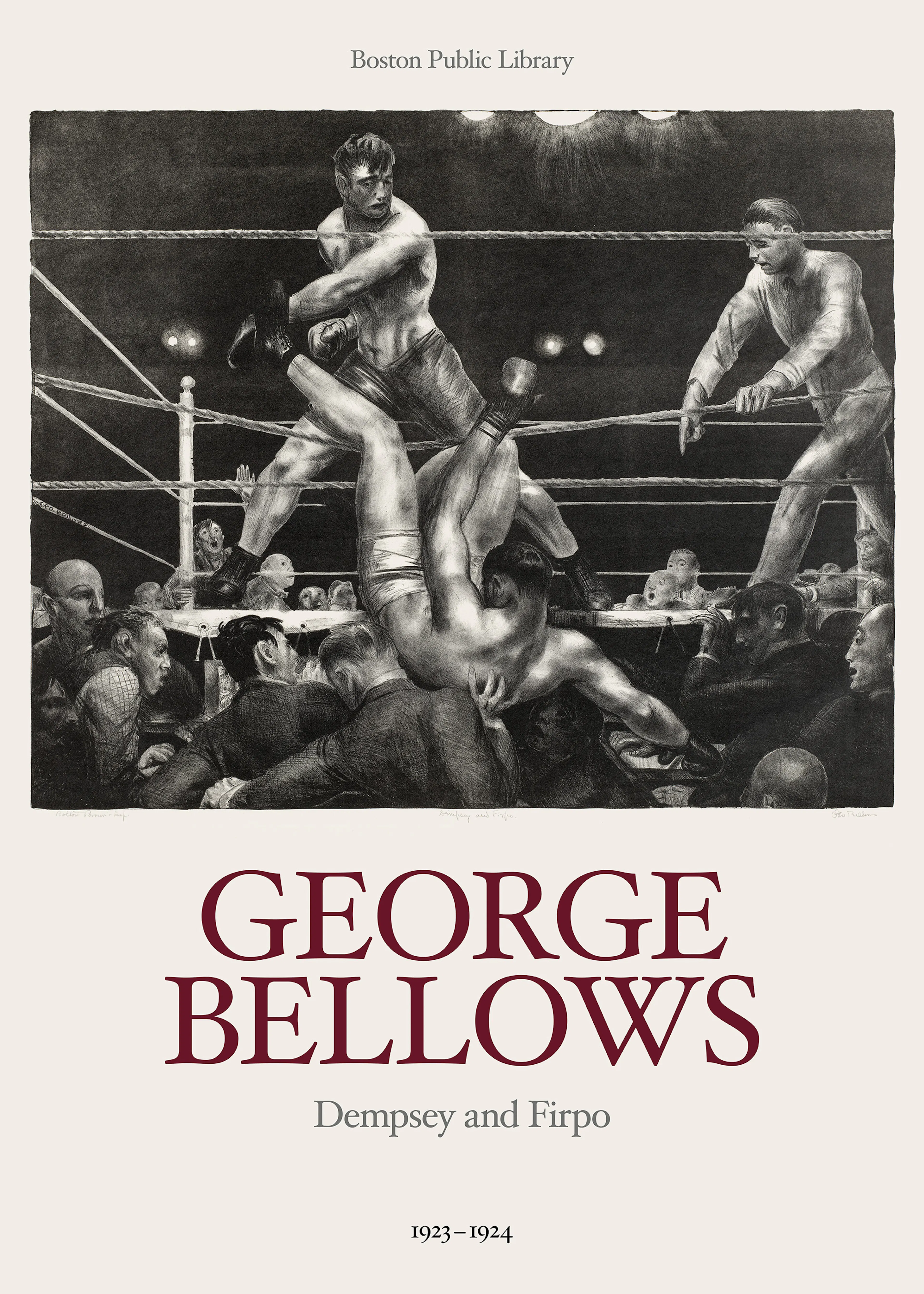 George Bellowsin Dempsey and Firpo -juliste, jossa nyrkkeilijä kaatuu kehässä yleisön edessä.