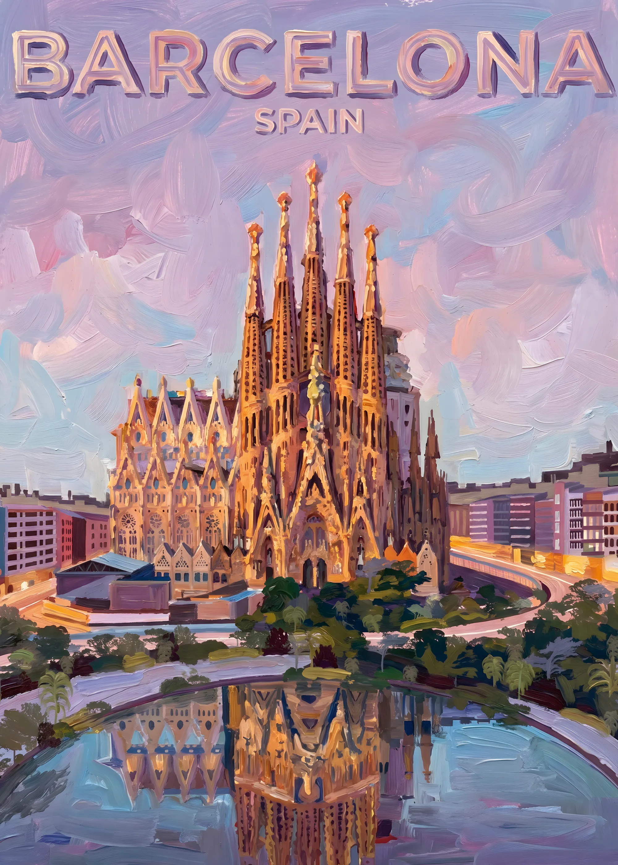 Purple Barcelona Skyline Poster 0