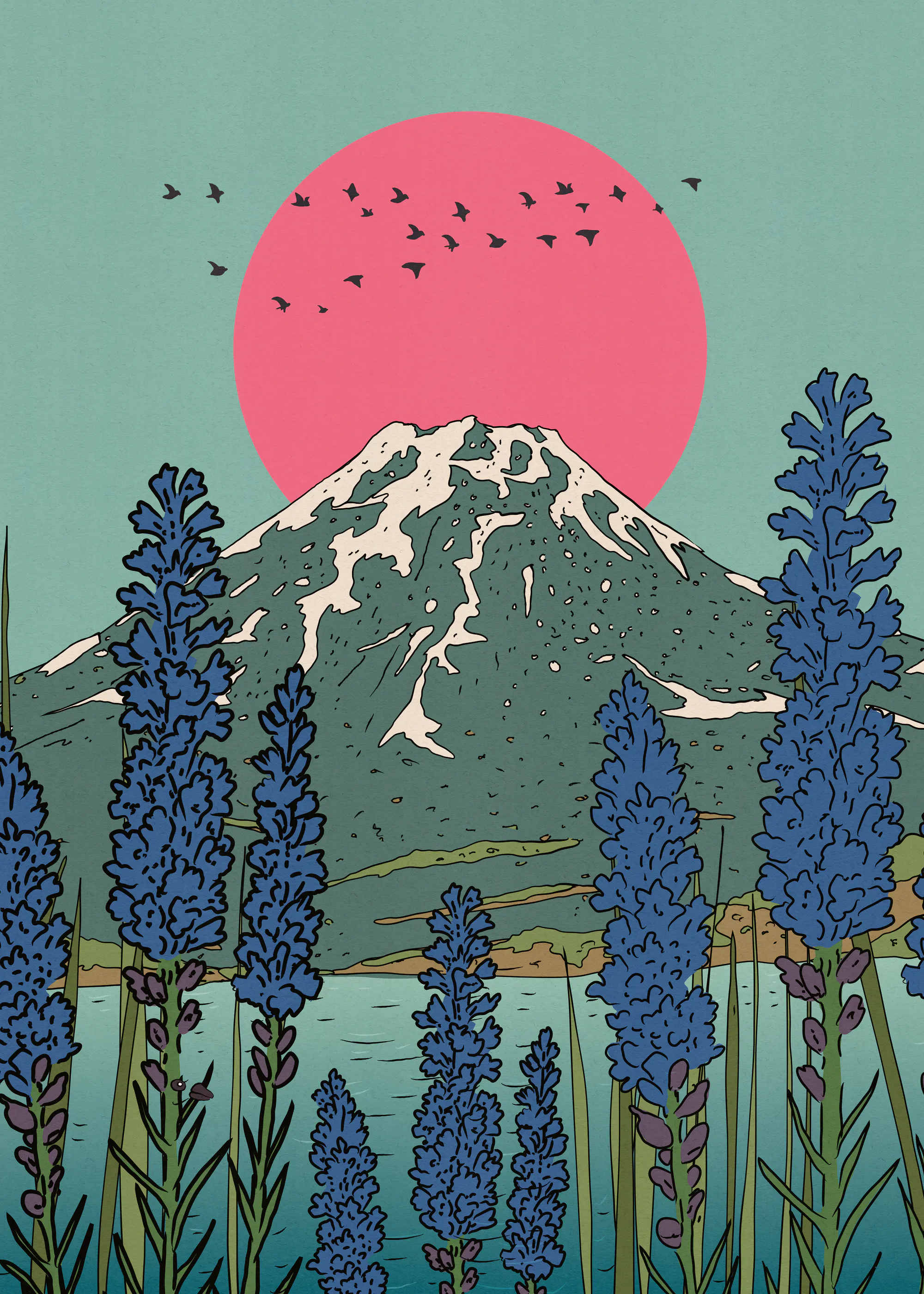 Montagne Bleue au Coucher de Soleil Poster 0