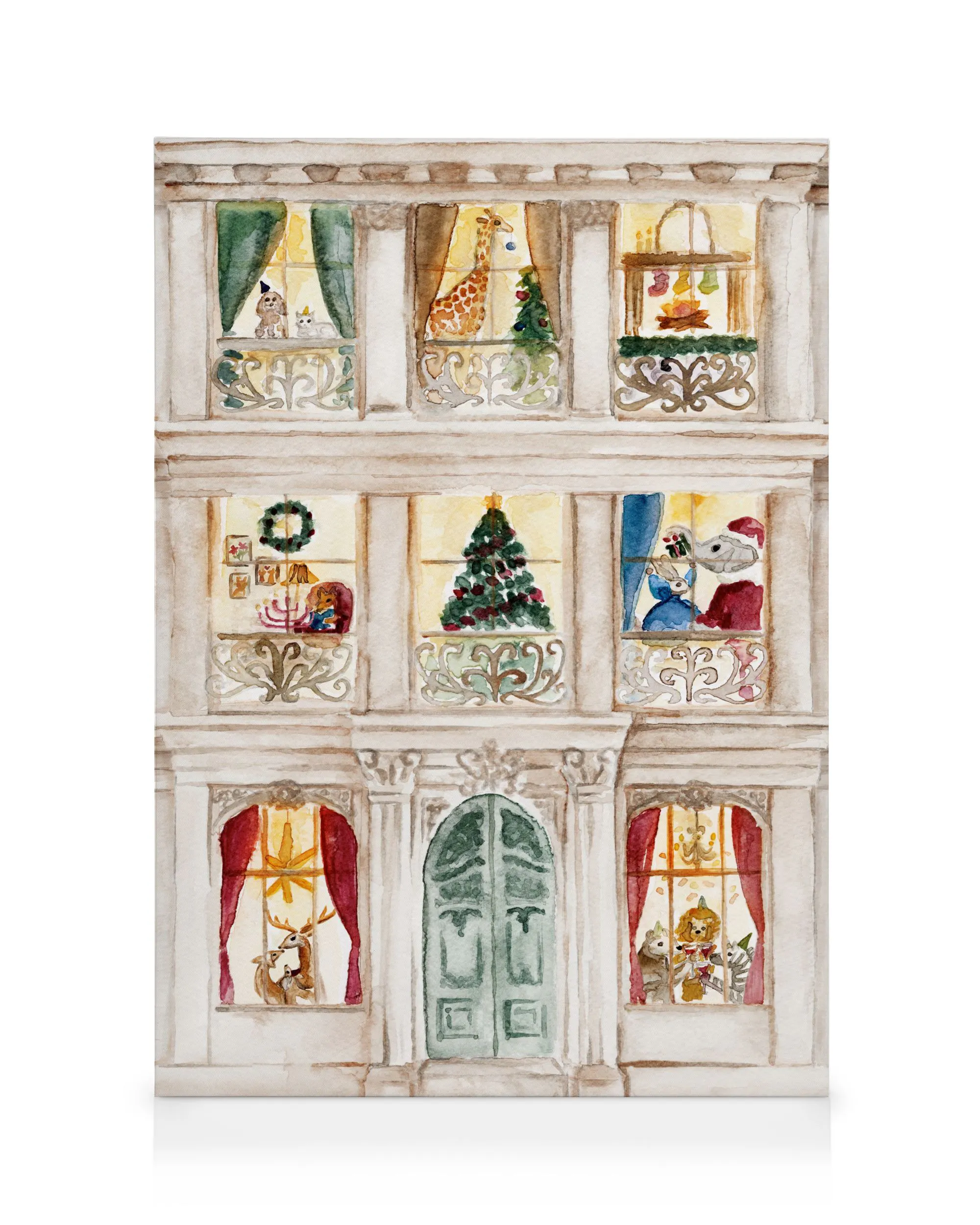 Stampa su tela di un palazzo con finestre illuminate e decorazioni natalizie, animali giocattolo e Babbo Natale.