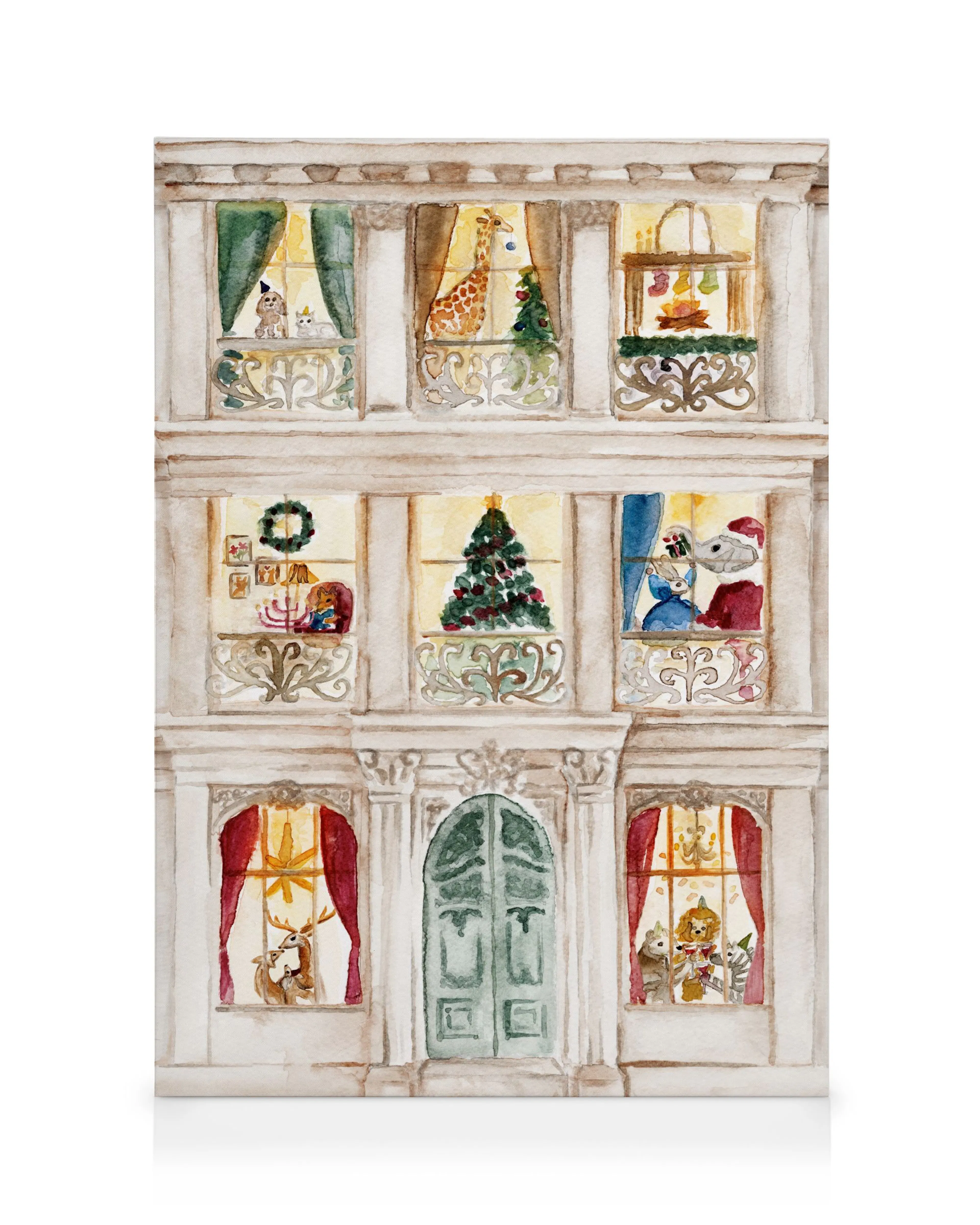 A watercolour Christmas canvas depicting a multi-story building with holiday scenes and animals in each window.