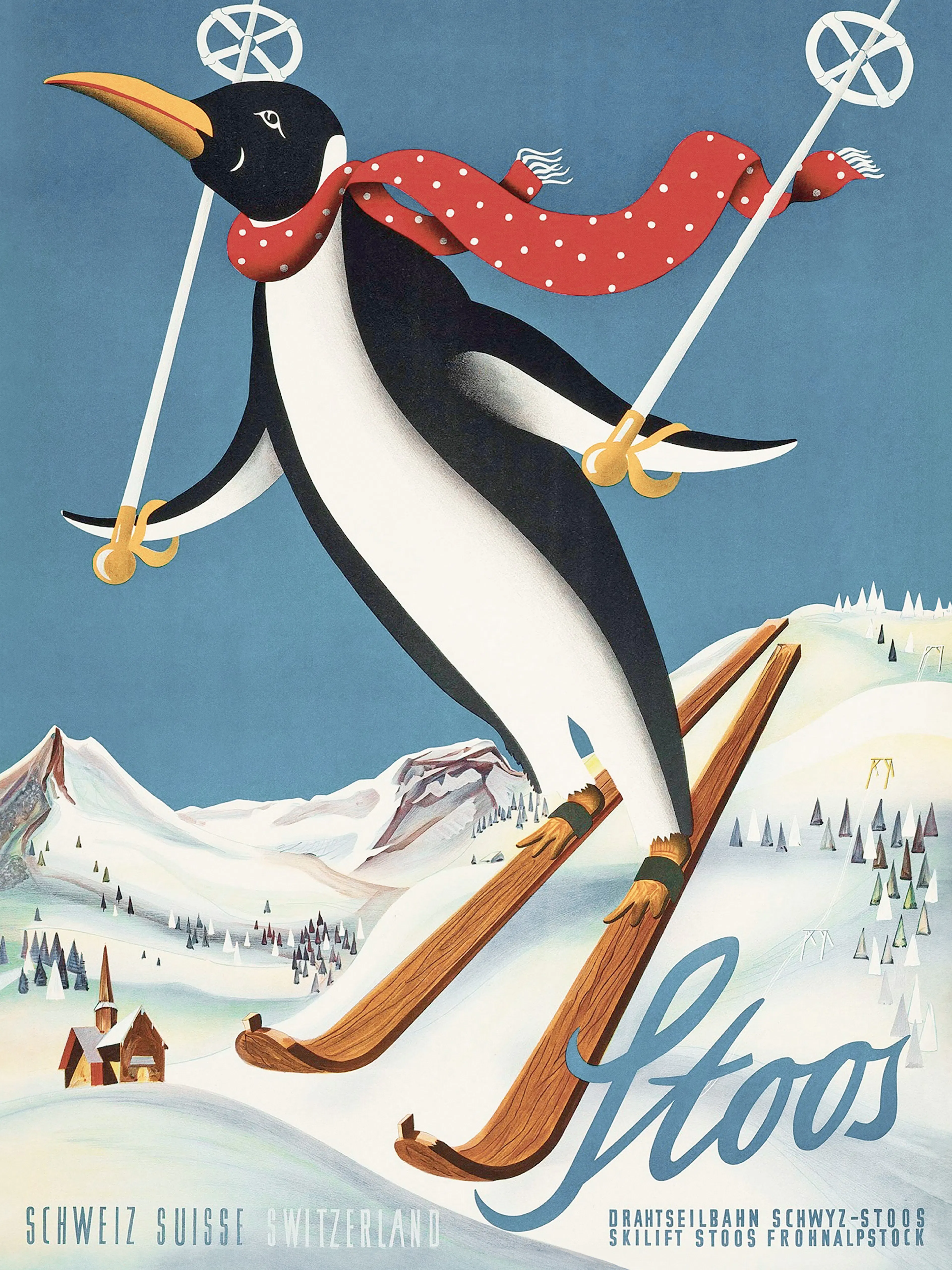 Poster vintage dun pingouin skieur avec écharpe rouge, sur fond de montagnes enneigées et ciel bleu, pour la station de Stoos.