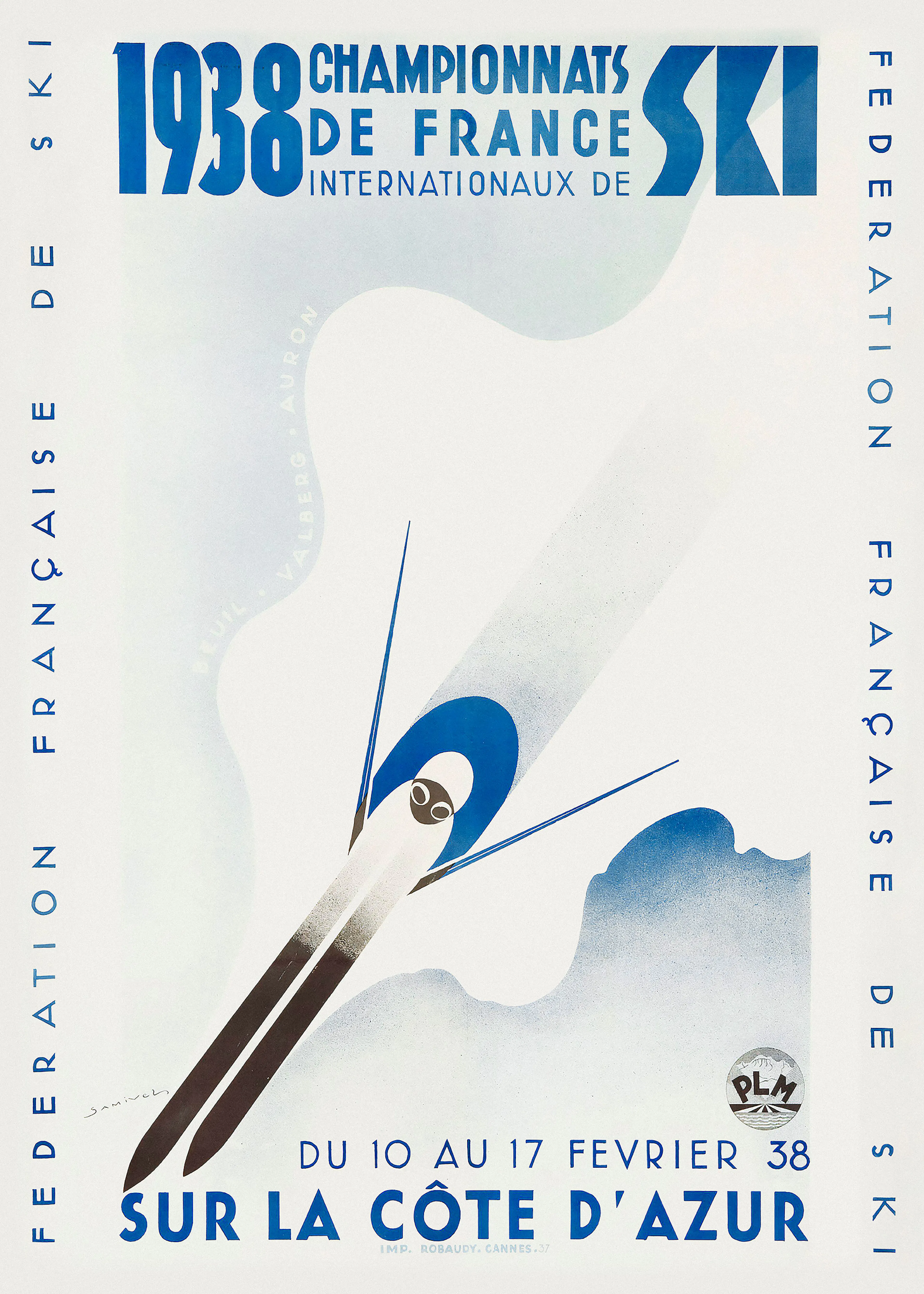 Un poster vintage de ski avec un skieur stylisé en bleu et blanc sur fond clair, avec du texte bleu.