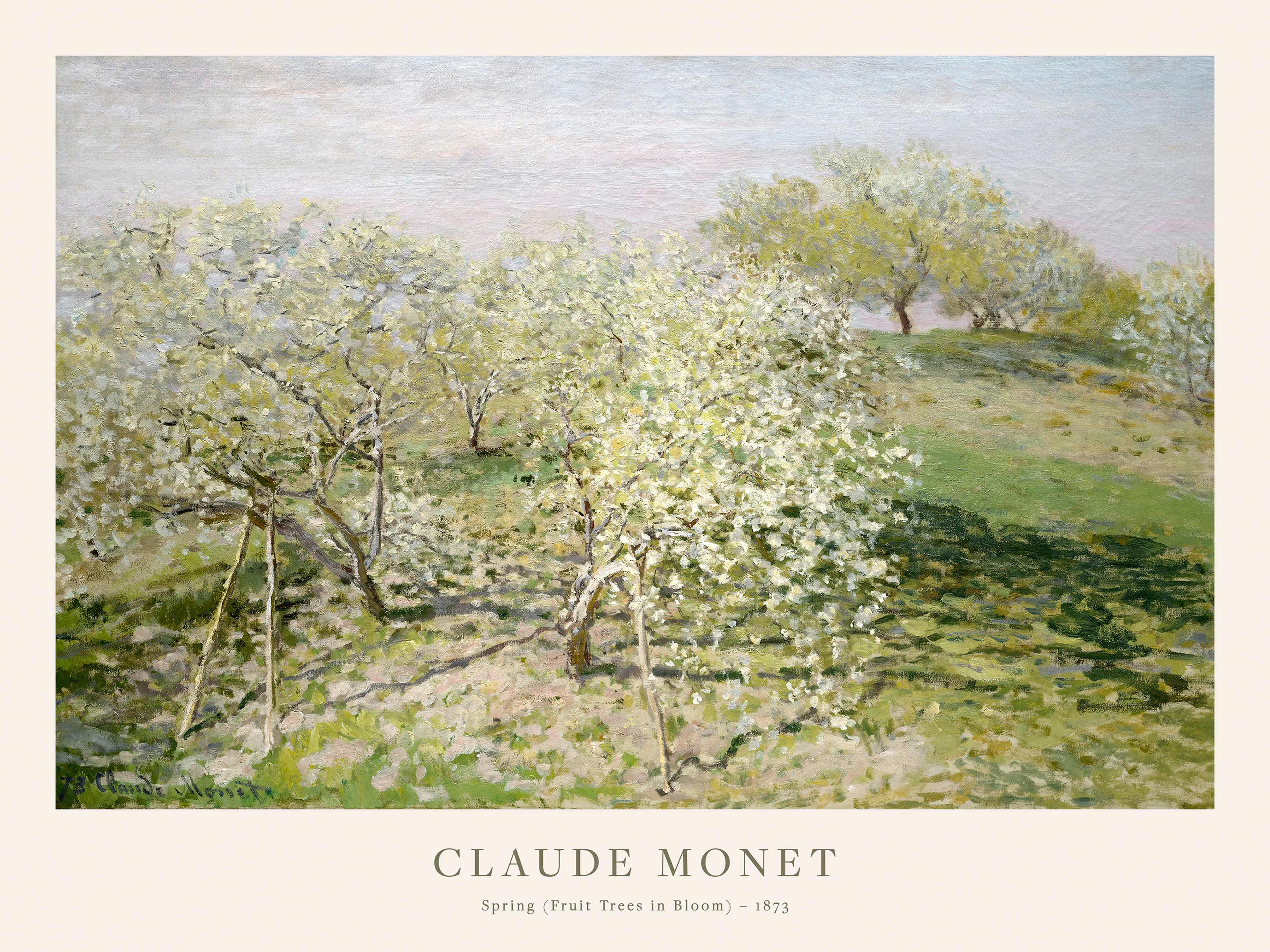 A poster of Claude Monets Spring (Fruit Trees in Bloom), depicting a vibrant orchard with white flowering trees on green hills u