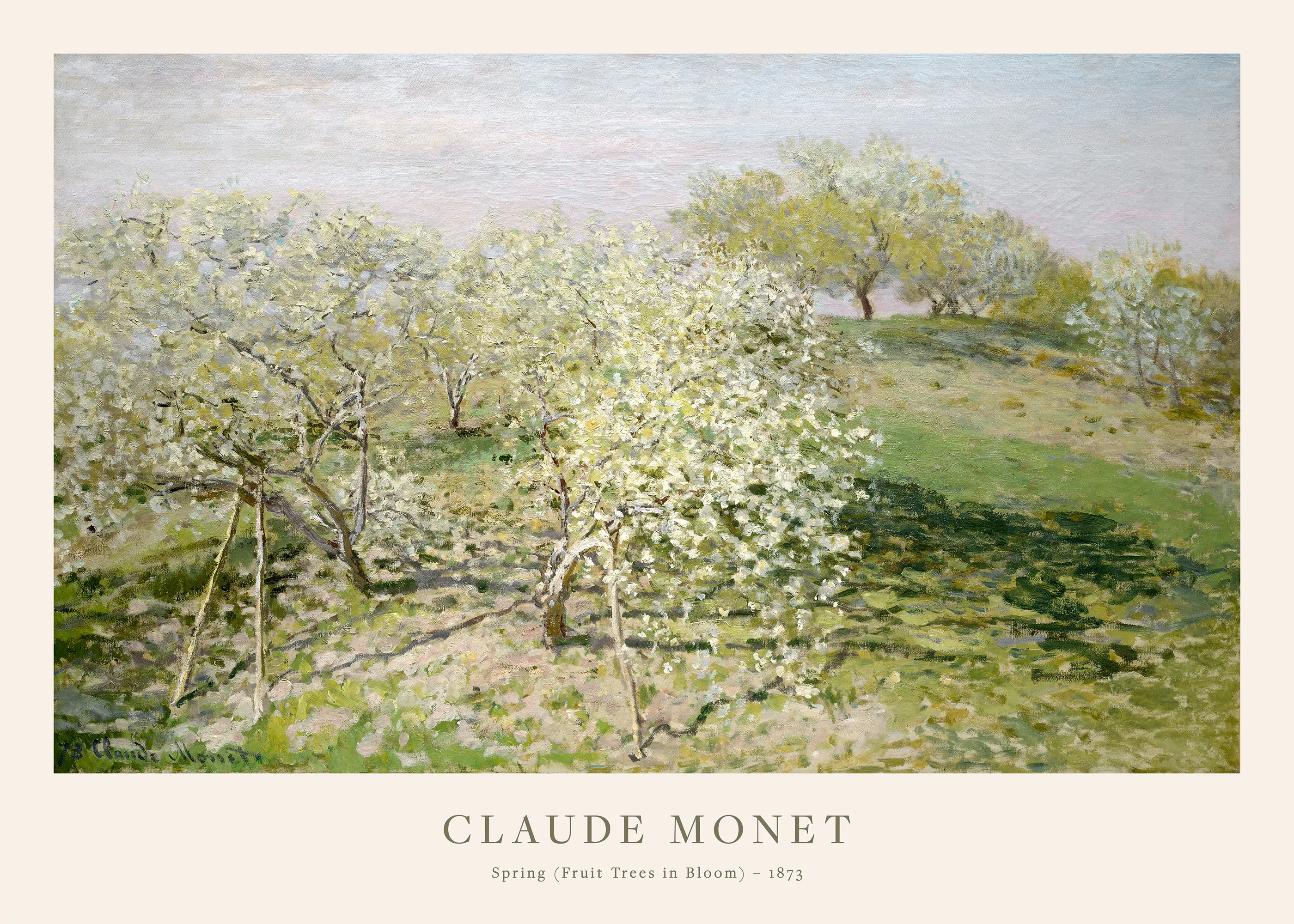 A poster of Claude Monets Spring (Fruit Trees in Bloom), featuring white blossoms on trees and green hills under a bright sky.