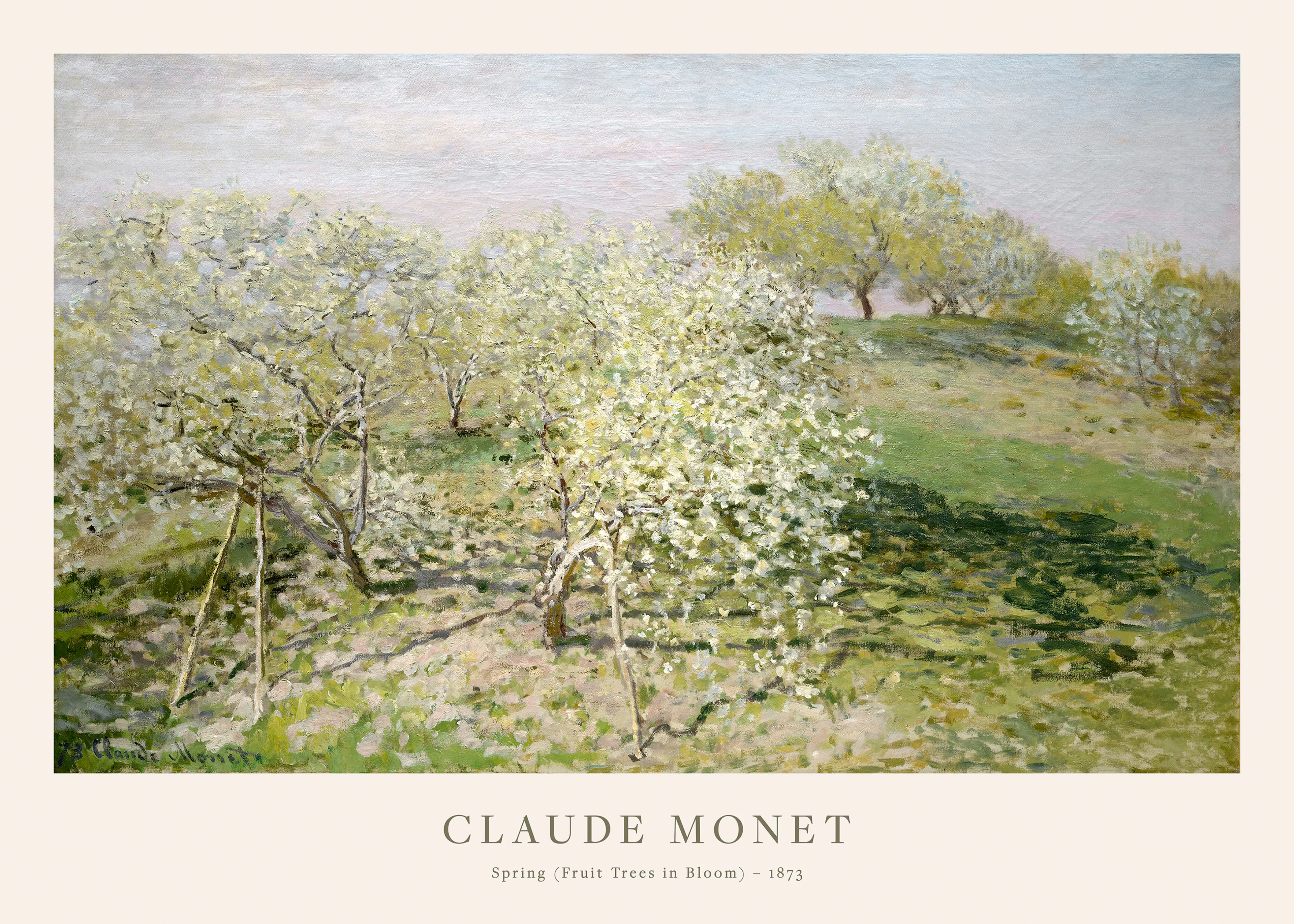 Ein Poster des impressionistischen Gemäldes Frühling (Blühende Obstbäume) von Claude Monet, das blühende Bäume auf einem grünen 