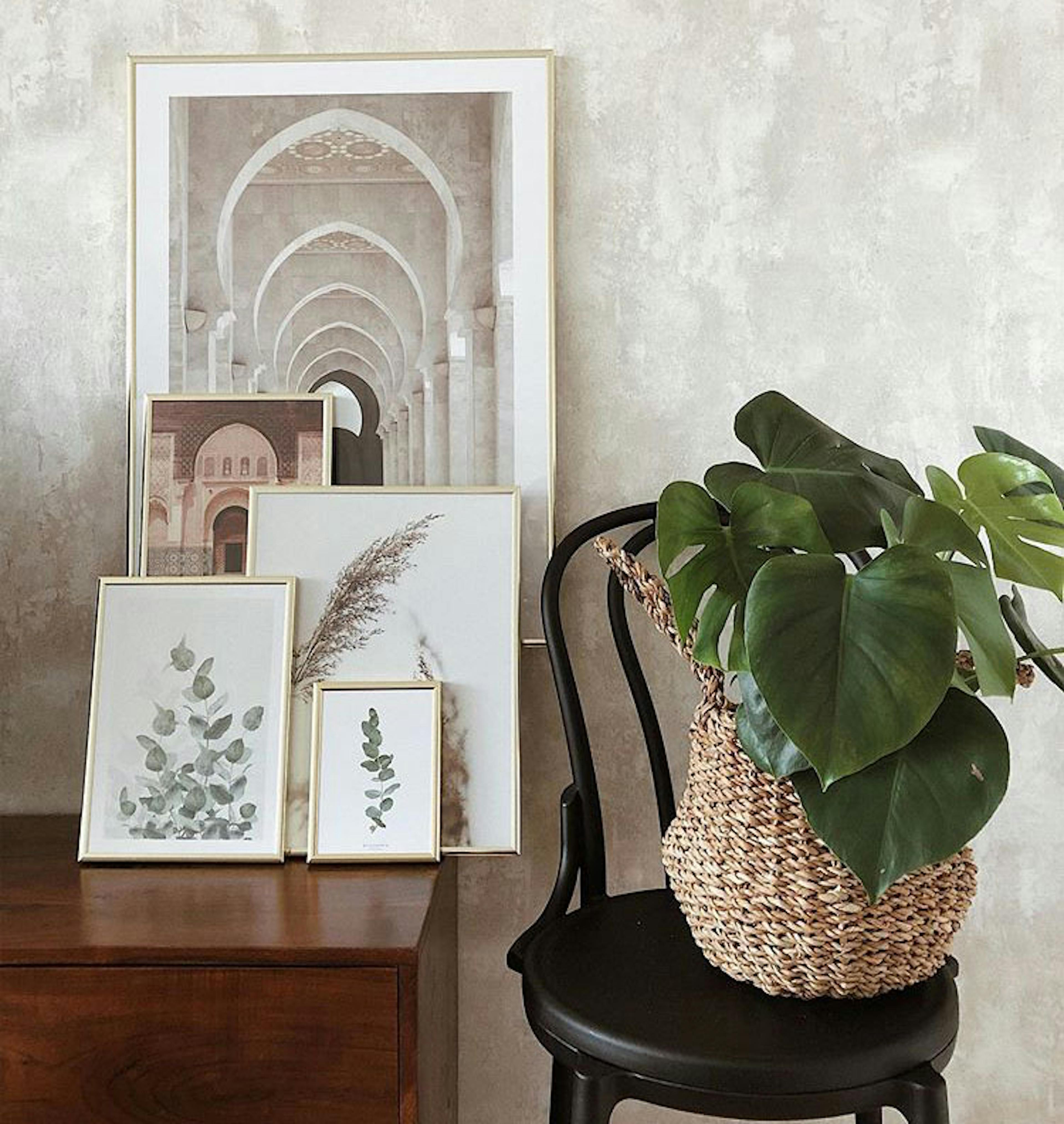 Barokowa galeria ścienna plakaty botaniczne grafiki złote ramki