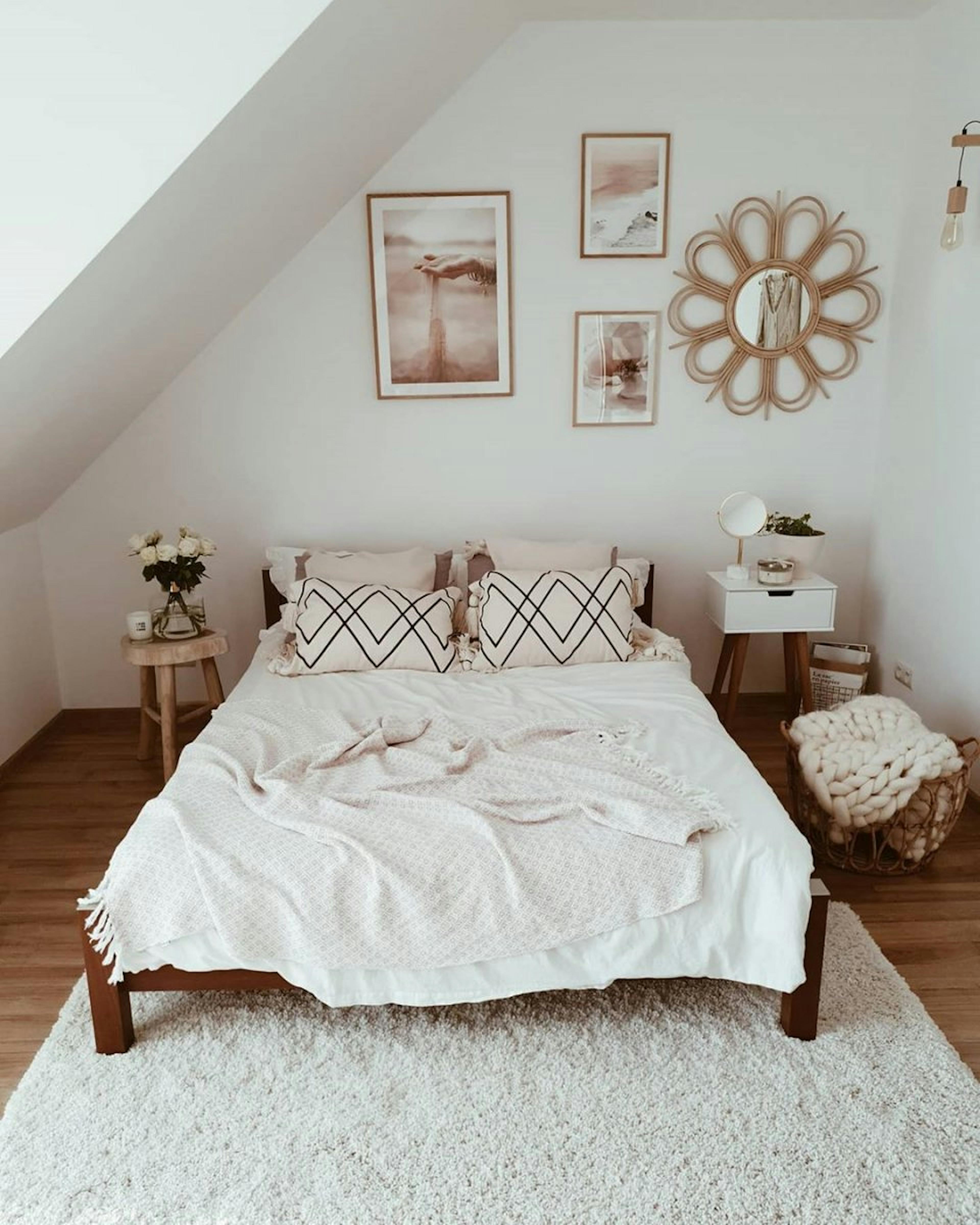 Soothing bedroom gallery wall sea posters oak frames