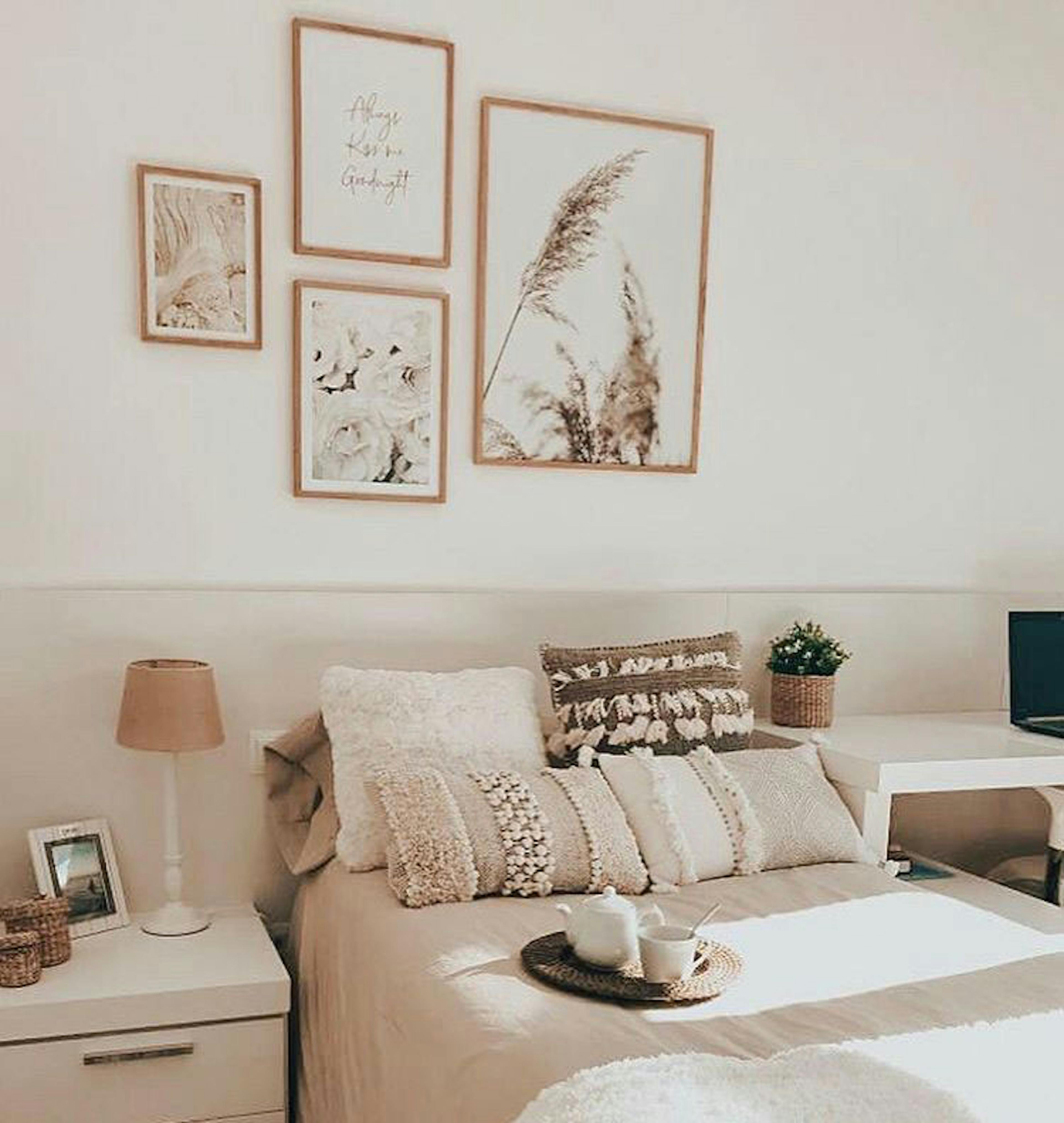Beige white gallery wall nature posters oaken frames