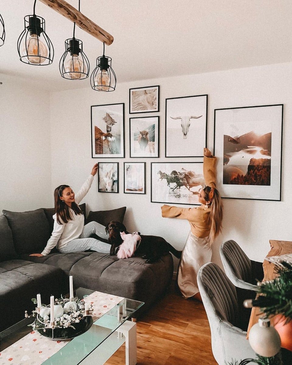 Stylish gallery wall art earthy colours landscape posters black frames