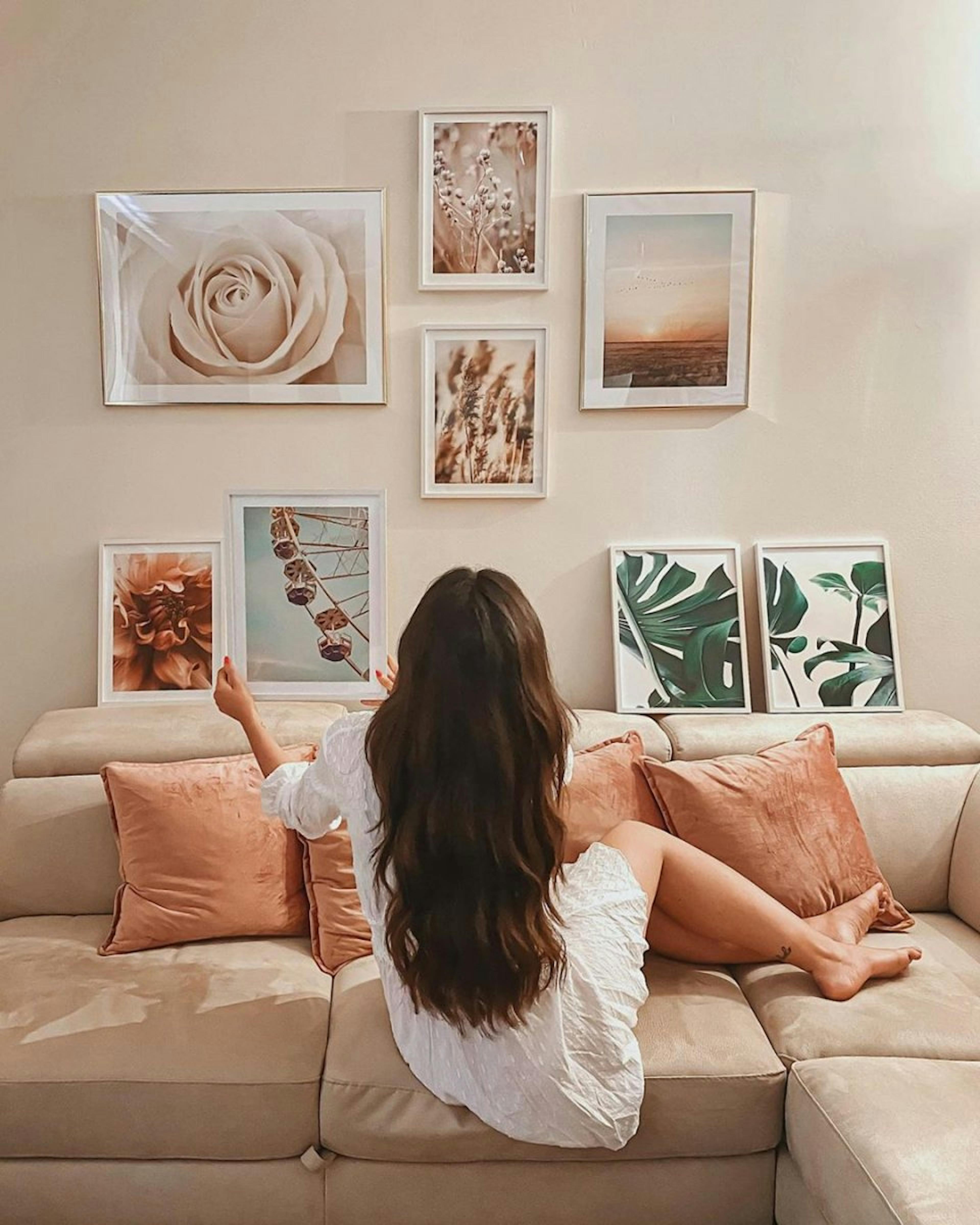 Living room gallery wall monstera prints flower wall art
