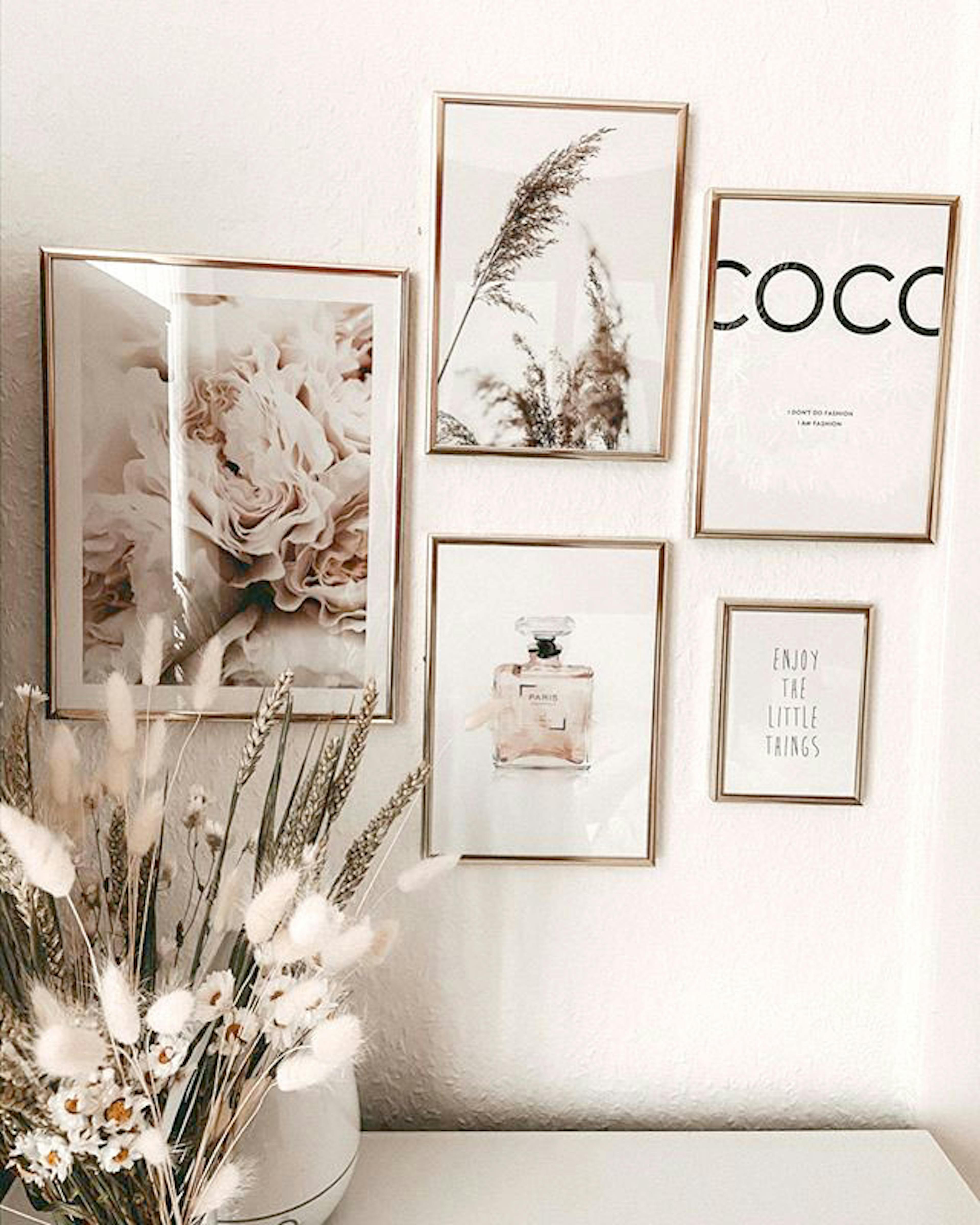 Stylish gallery wall neutral colours chanel prints