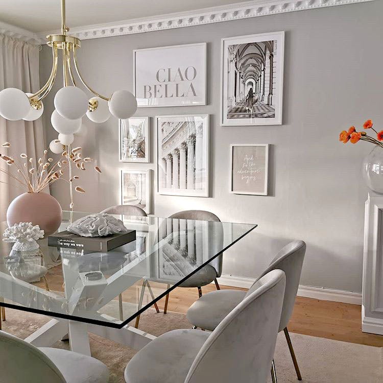 Stylish dining room gallery wall beige kitchen posters