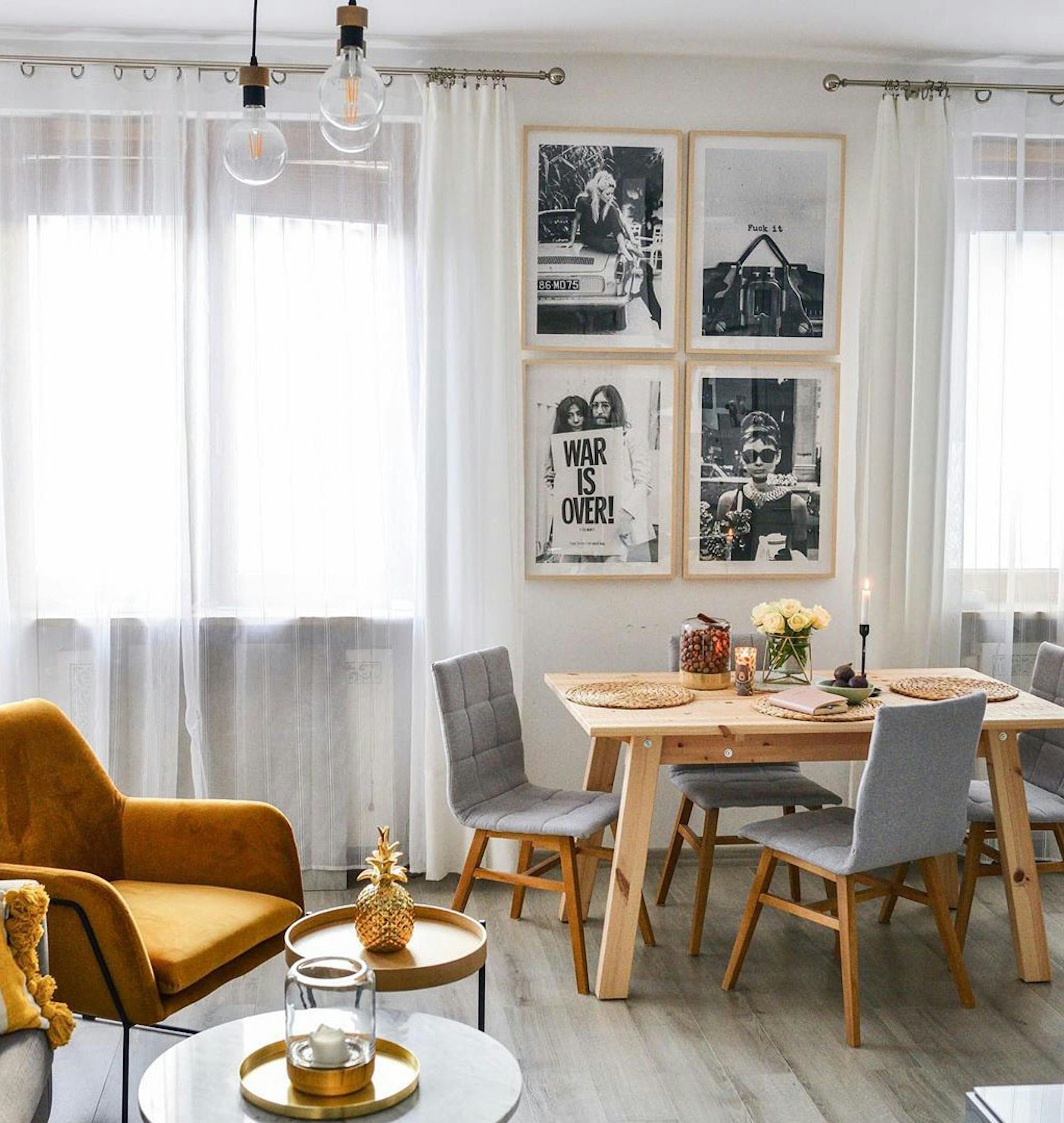 Iconic gallery wall black and white posters oaken frames